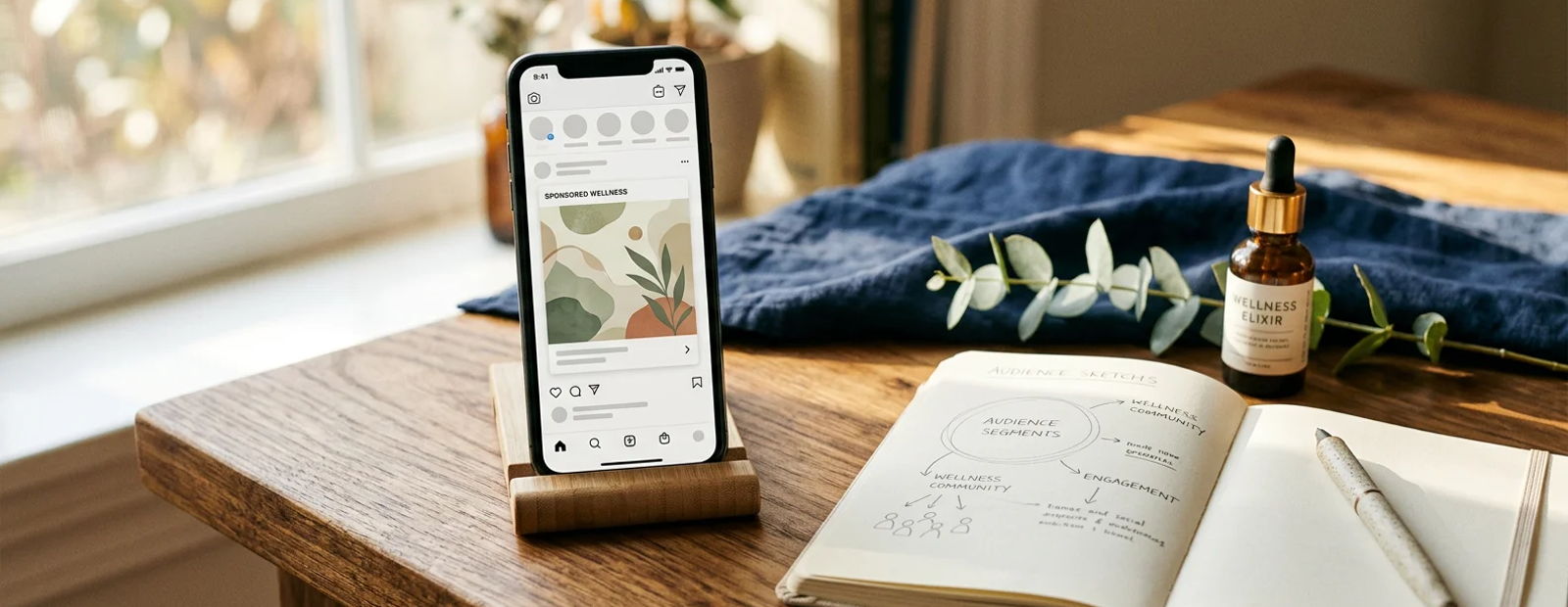 Phone on a desk showing a social feed with a sponsored wellness post beside an audience sketch notebook