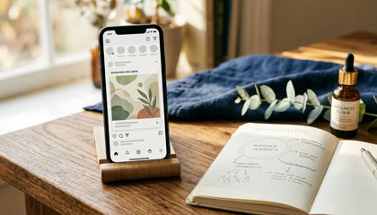 Phone on a desk showing a social feed with a sponsored wellness post beside an audience sketch notebook