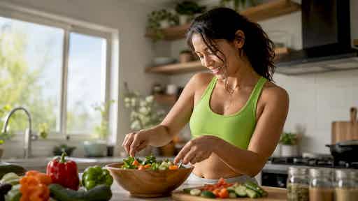 Woman in athletic wear smiling while tossing a colorful vegetable salad in a sunlit kitchen, embodying a hormone-supportive diet.