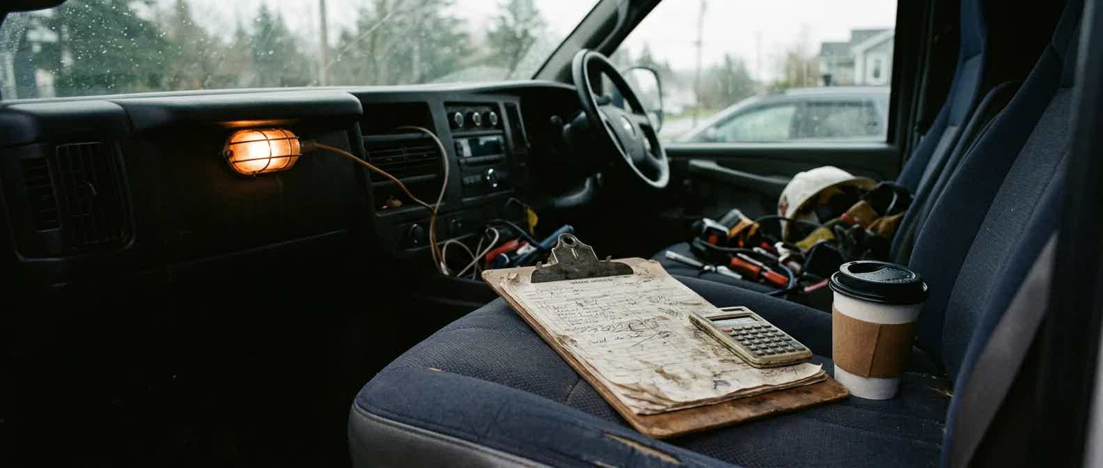 Clipboard and calculator on the passenger seat of a work van beside a coffee cup, morning light