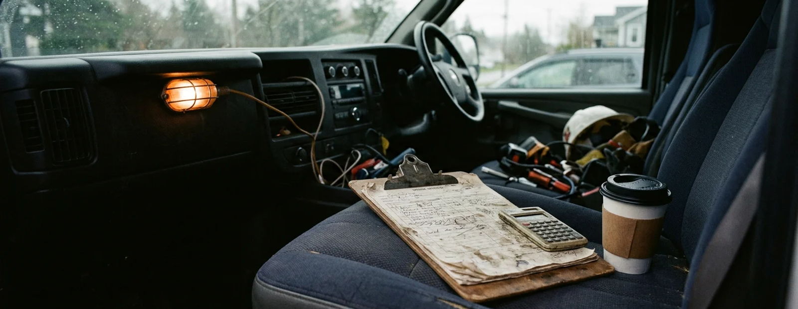 Clipboard and calculator on the passenger seat of a work van beside a coffee cup, morning light