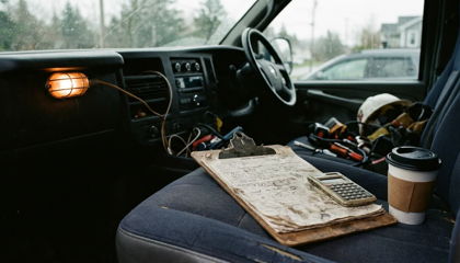 Clipboard and calculator on the passenger seat of a work van beside a coffee cup, morning light