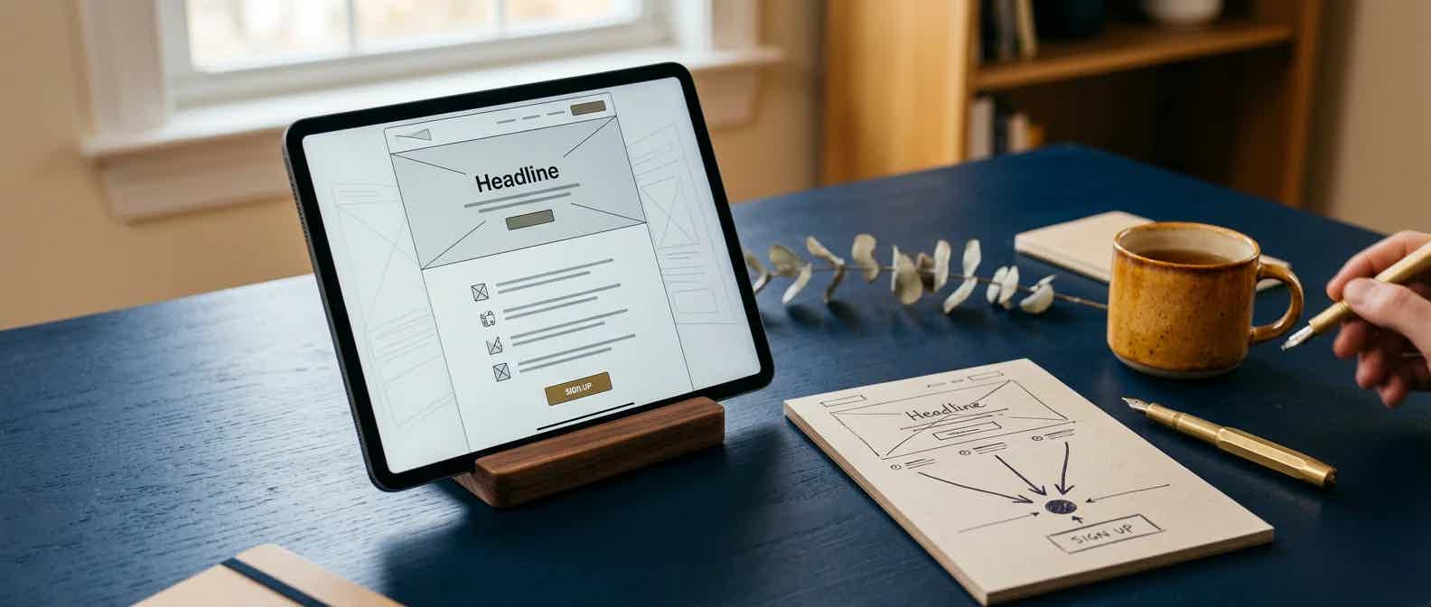Tablet showing a single-column landing page layout beside a converging-arrows wireframe sketch