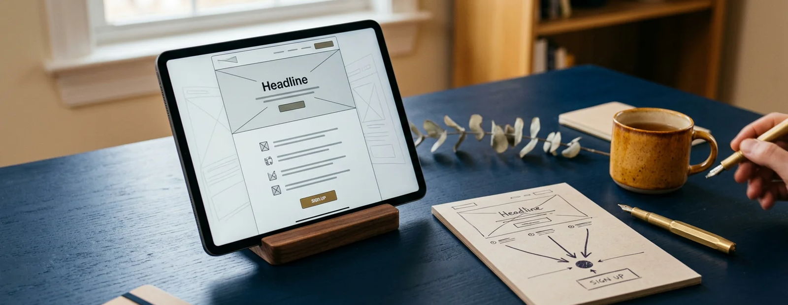 Tablet showing a single-column landing page layout beside a converging-arrows wireframe sketch