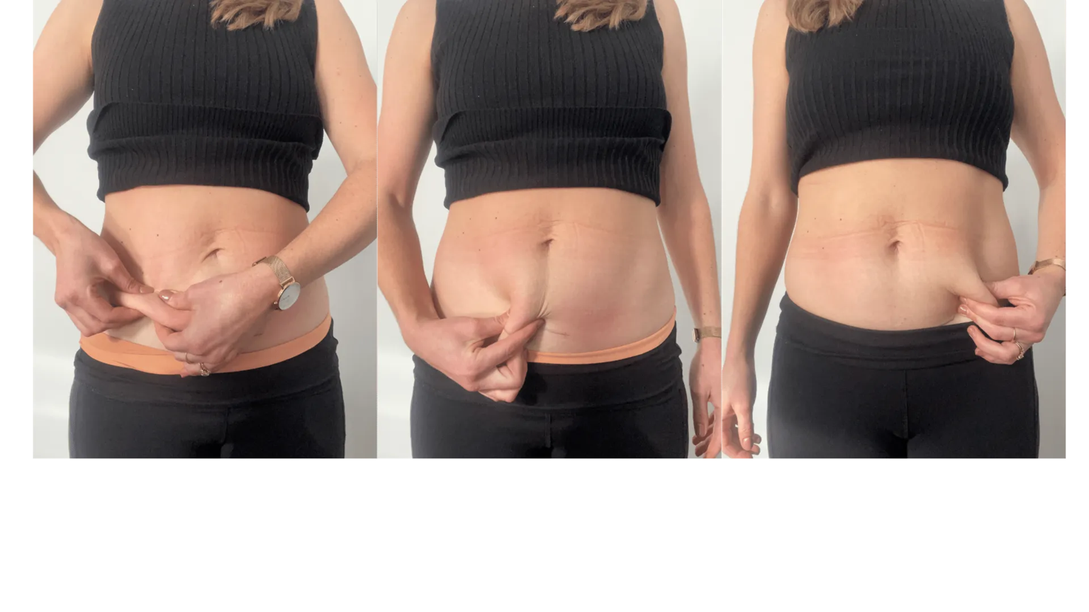Three-panel photo showing waist measurement/waistband adjustment on a woman in a black sleeveless top and leggings.