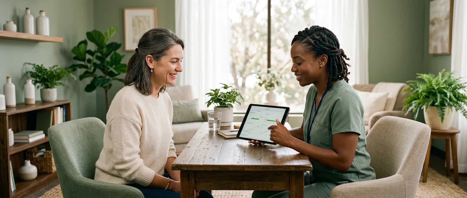 Woman in her 40s discussing lab results with a functional medicine provider in a bright consultation room