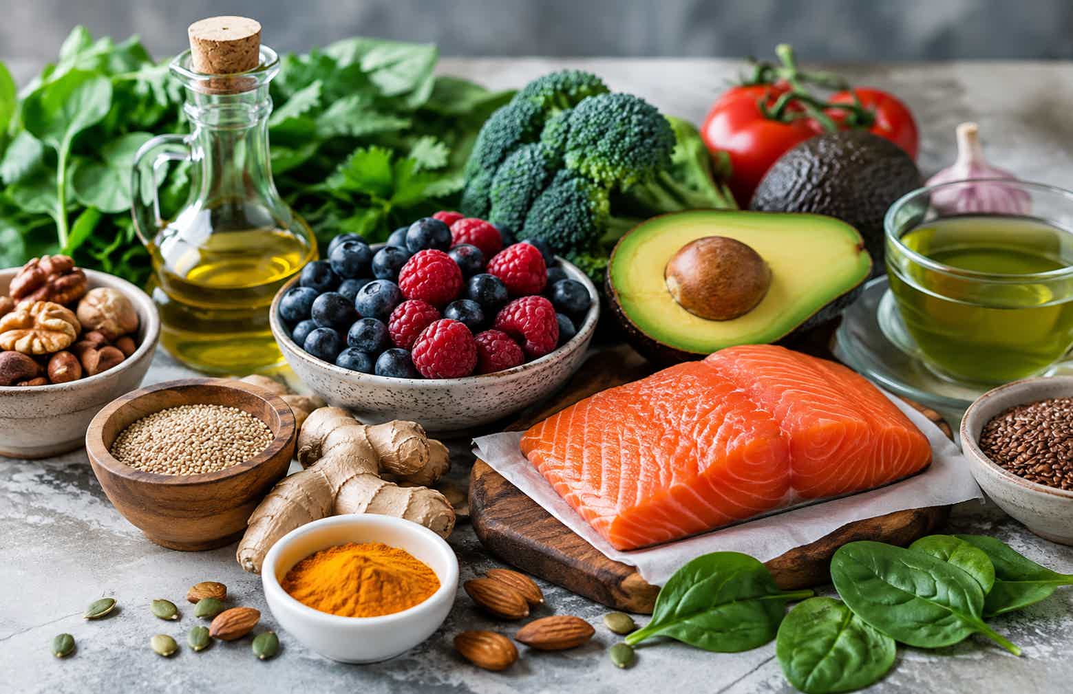 Anti-inflammatory foods, including blueberries, salmon, and broccoli.