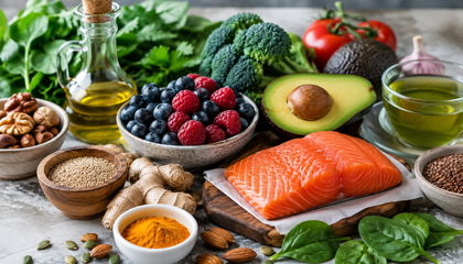 Anti-inflammatory foods, including blueberries, salmon, and broccoli. 