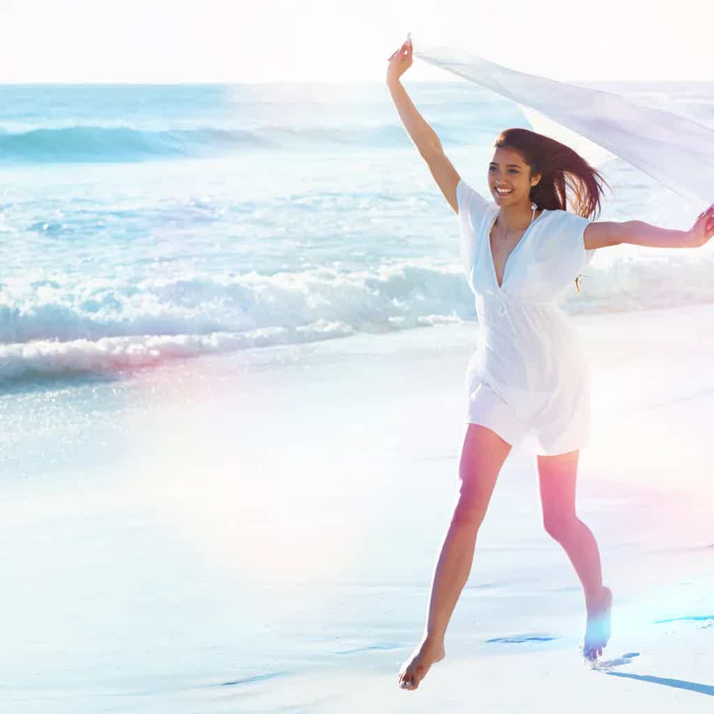 Woman runs on the beach with a white dress and scarf, smiling as waves roll in.