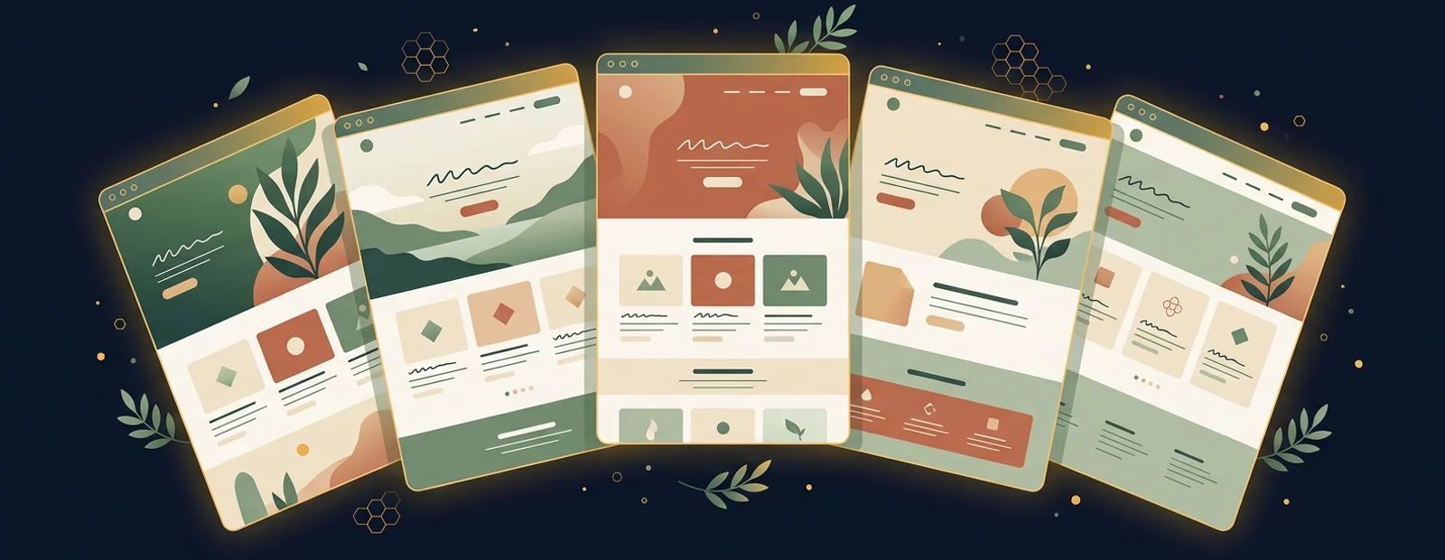 Five wellness website template mockups fanned out in botanical greens and terracotta tones