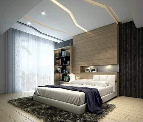 Modern bedroom with paneled accent wall, built-in shelves, and king-size bed under warm LED lighting.