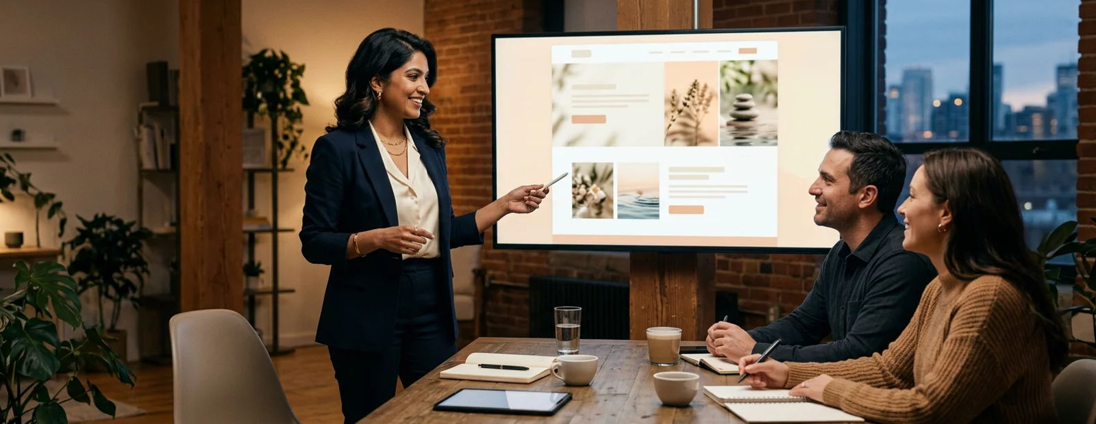 An agency owner presenting a branded website to clients in a modern studio