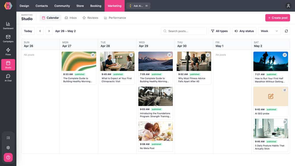 Hiveality Marketing Studio showing the content calendar with the composer and channel list.
