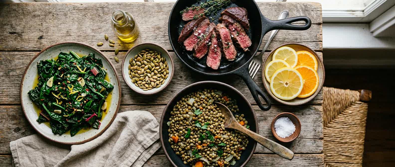 Overhead flat lay of iron-rich foods including red meat, dark leafy greens, lentils, pumpkin seeds, and citrus on a wood table