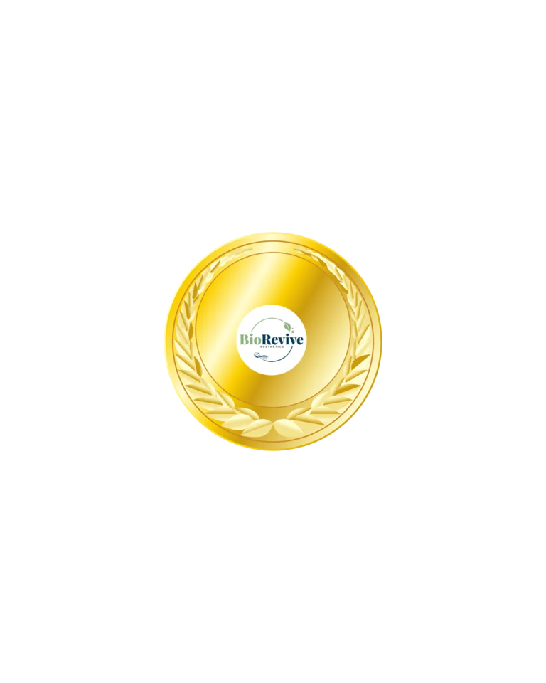 Gold medal with laurel wreath, center logo reads “BioRevive.”