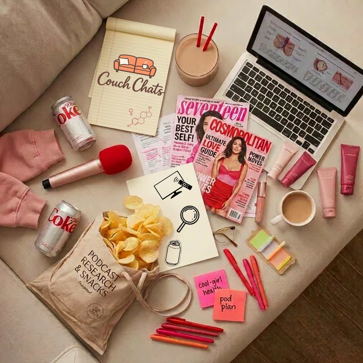 Makeup and stationery items laid on couch: “Couch Chats” journal, skincare products, laptop, coffee chips, and pens.
