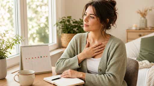 Woman at a sunlit home desk reviewing a dot-marked menstrual cycle calendar beside an open journal, hand resting on her chest in quiet reflection.