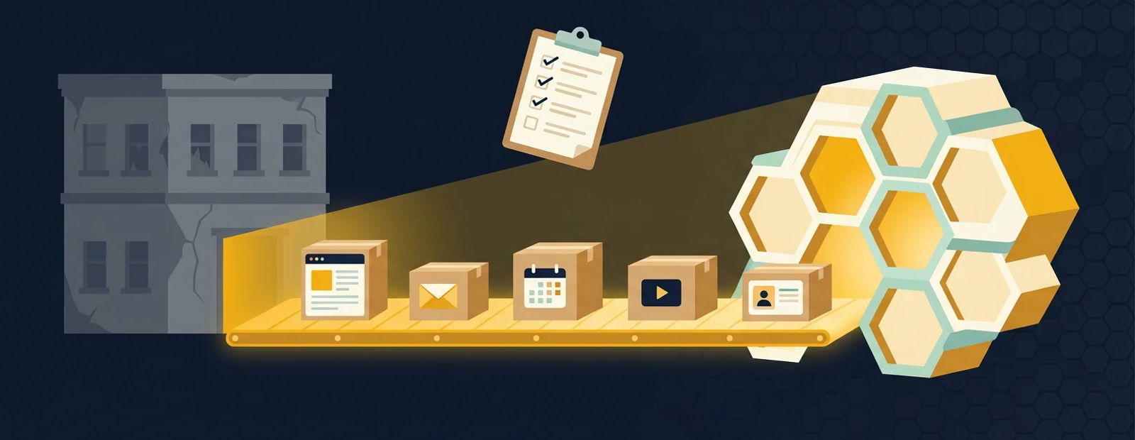 Website content boxes moving along a golden path from an old building into a modern hexagonal hive building