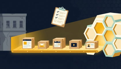 Website content boxes moving along a golden path from an old building into a modern hexagonal hive building