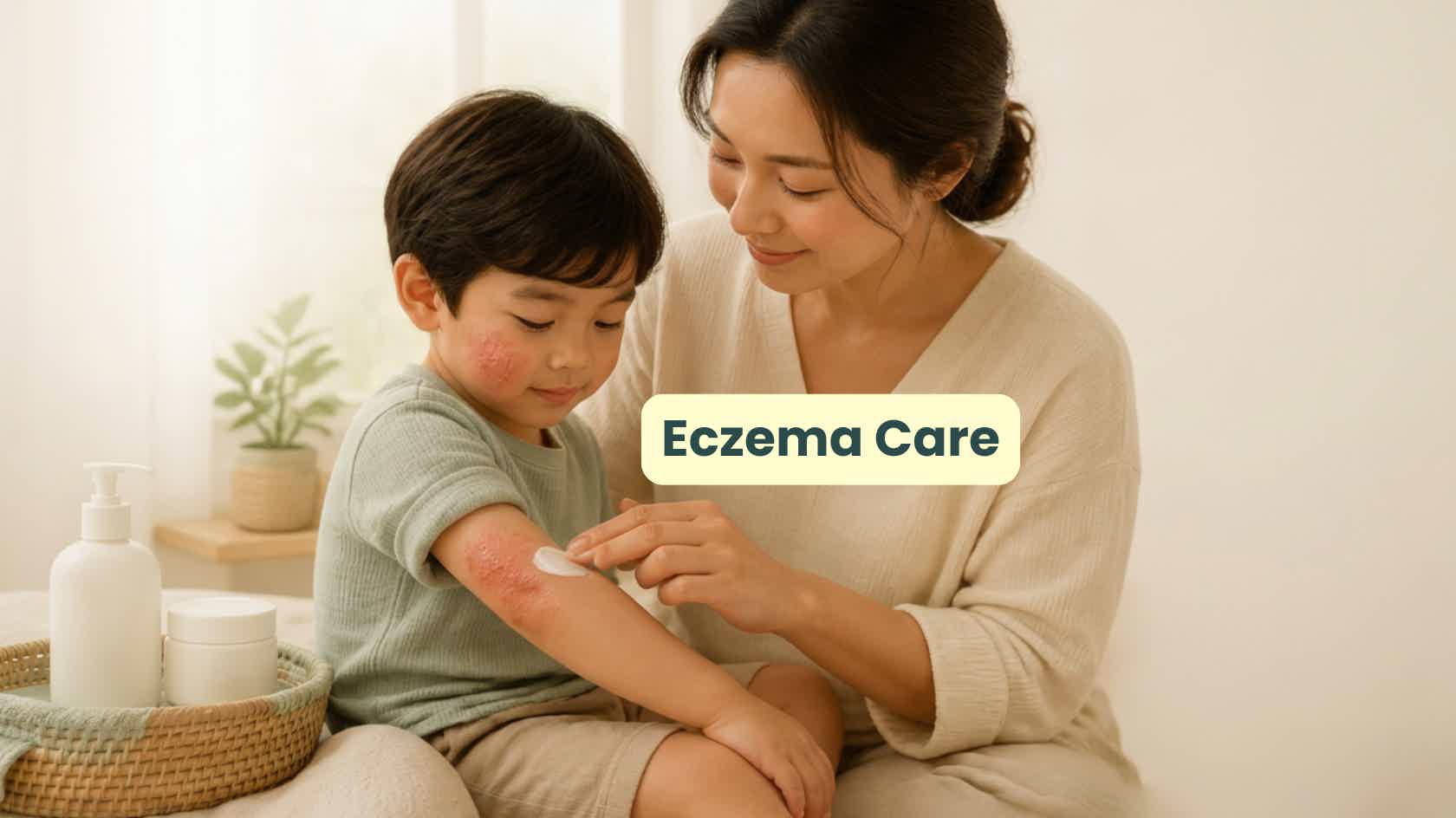 Mother applying cream to child’s eczema on arm while child sits on couch; “Eczema Care” text overlay.