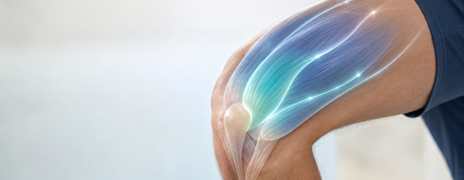 Shoulder pain depicted with glowing blue light radiating along upper arm and a dark shirt collar.