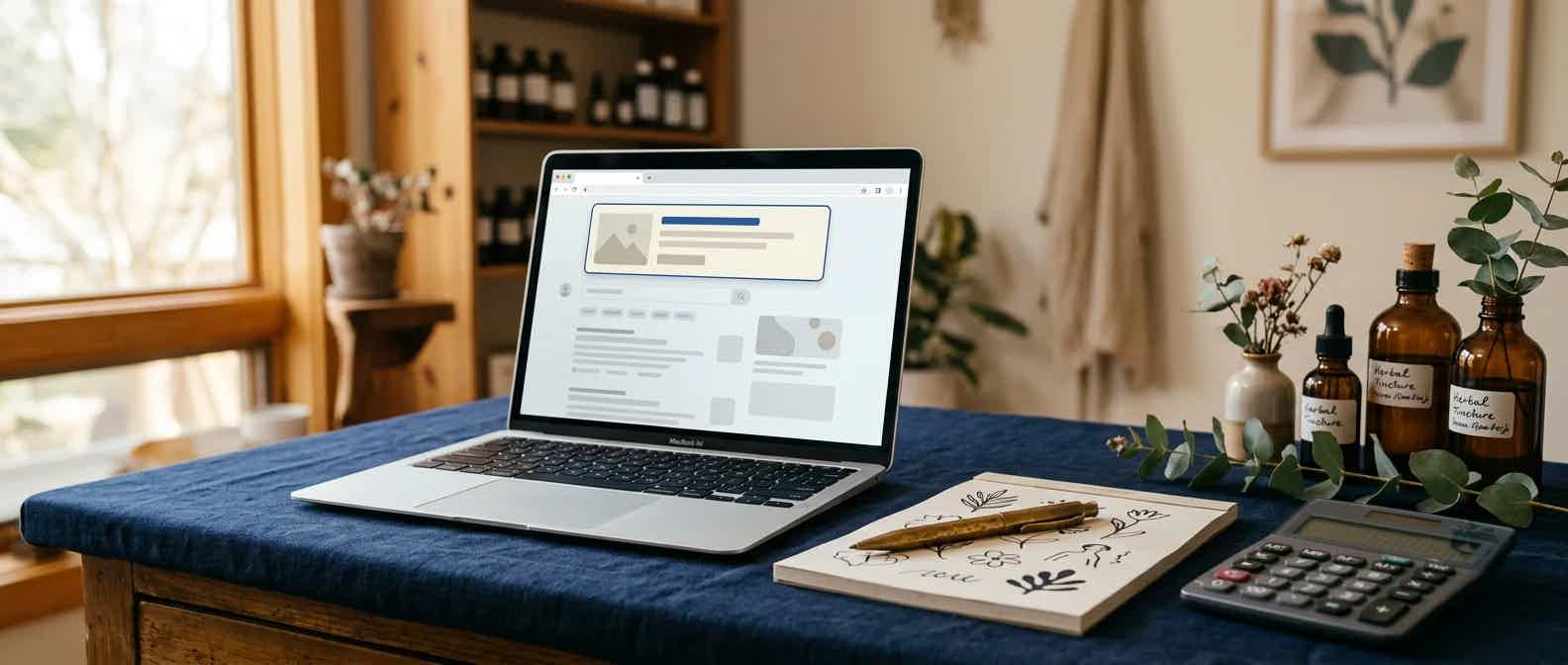 Naturopathic clinic desk with a laptop showing search ads, a calculator, and herbal bottles on navy linen