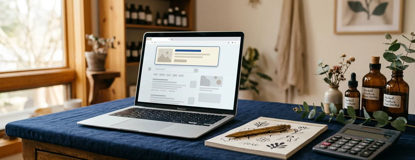 Naturopathic clinic desk with a laptop showing search ads, a calculator, and herbal bottles on navy linen