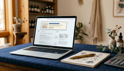 Naturopathic clinic desk with a laptop showing search ads, a calculator, and herbal bottles on navy linen
