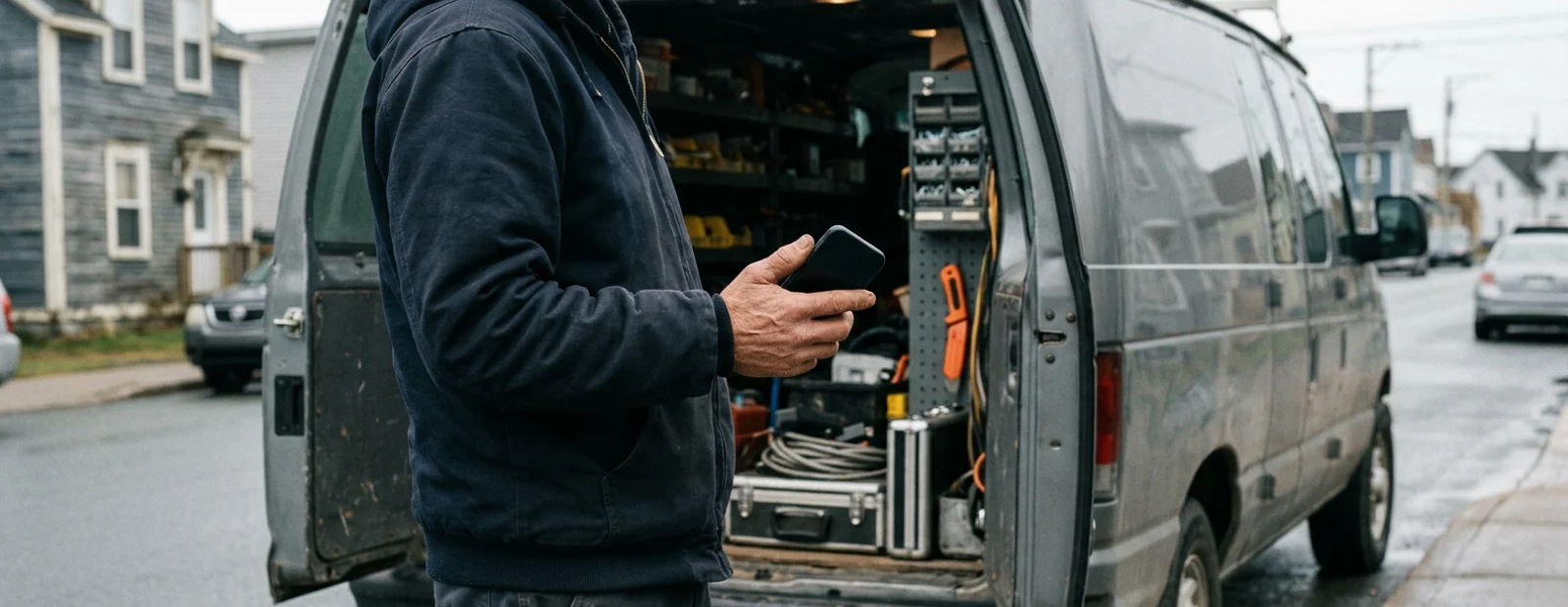 A tradesperson's hand holding a phone beside the open rear doors of a service van with tools racked inside.