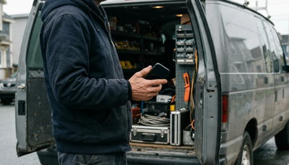 A tradesperson's hand holding a phone beside the open rear doors of a service van with tools racked inside.