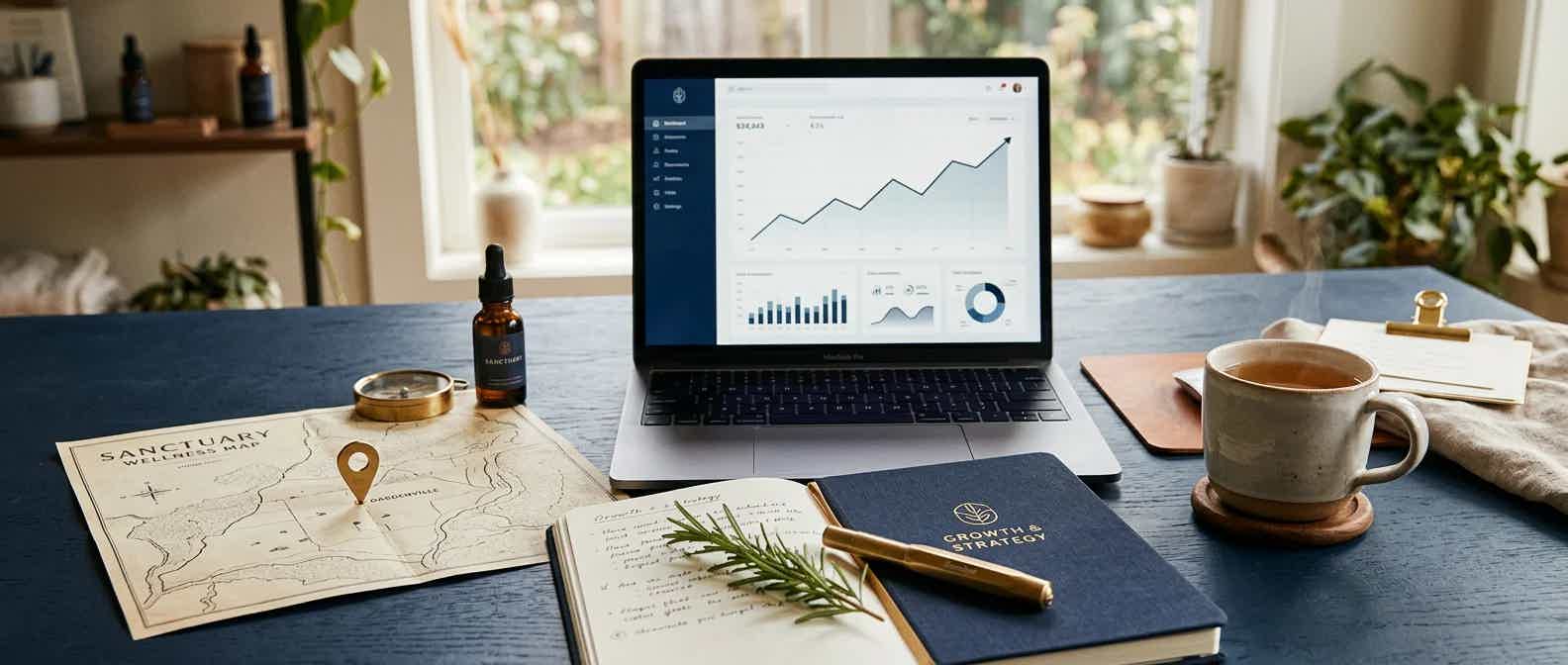 Wellness practice growth review with an analytics dashboard, map with location pin, and notebook