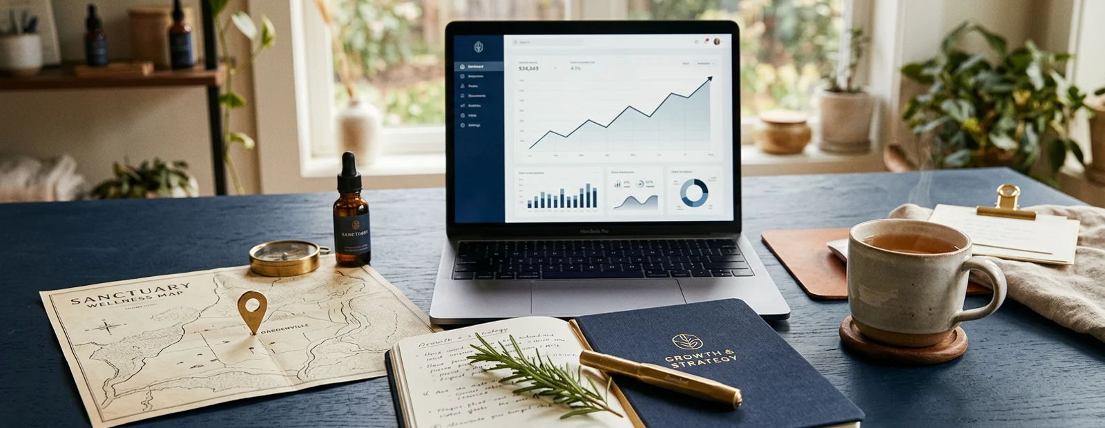 Wellness practice growth review with an analytics dashboard, map with location pin, and notebook