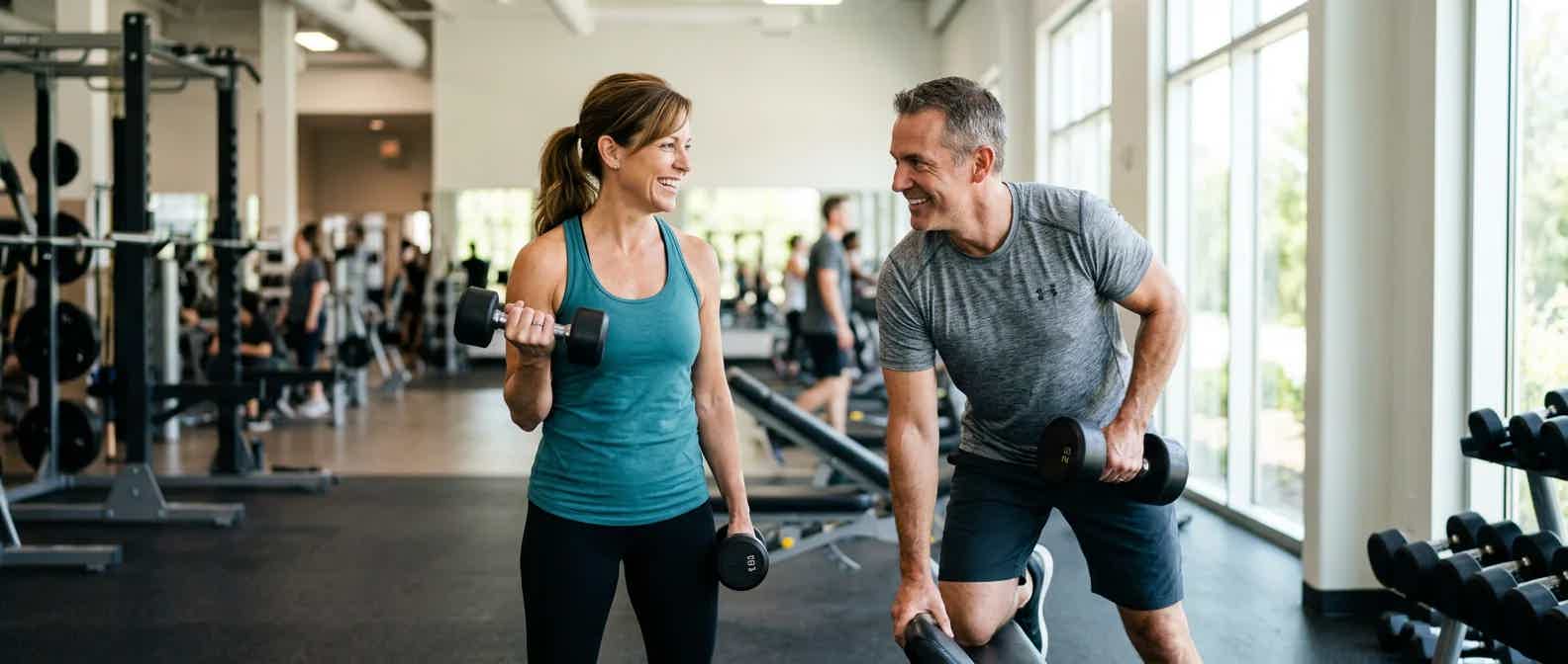 Man and woman in their 40s strength training together in a gym in Seal Beach, California