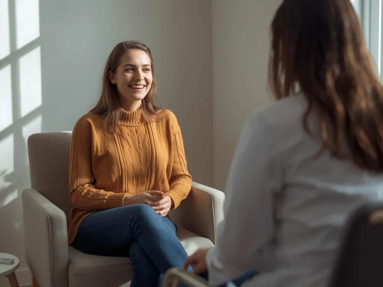 Two women seated and talking in a bright room; one in orange sweater smiles as the other faces away.