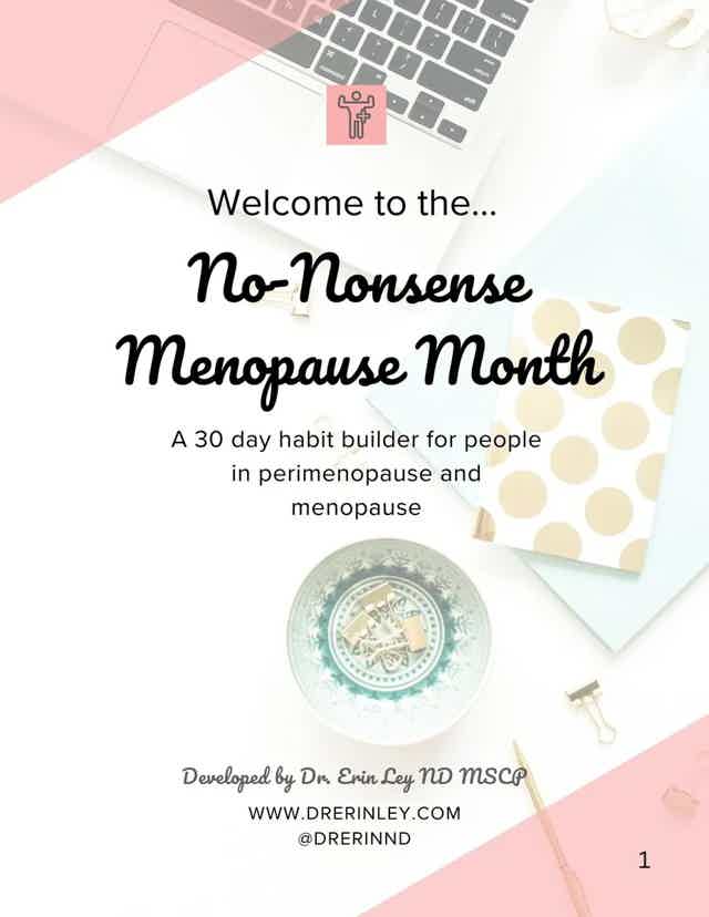 Welcome to No-Nonsense Menopause Month cover with text, keyboard, stationary, and circular emblem.