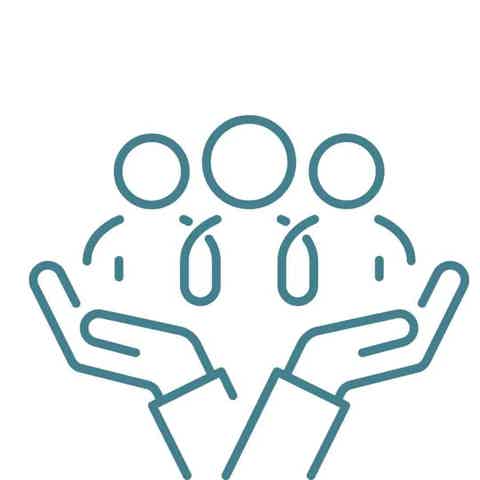 Two-toned icon of three faces with hands outstretched, symbolizing group support or care.