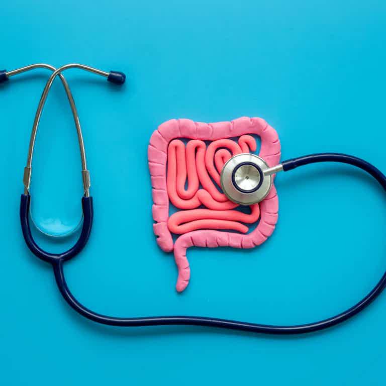 Stethoscope beside stylized pink intestines on blue background, highlighting medical illustration.