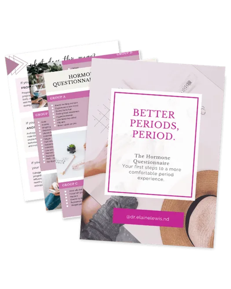 Several overlapped booklets with pink accents, centered on a white cover that reads “BETTER PERIODS, PERIOD.”