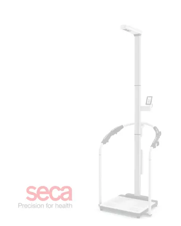 Scale with stand and monitor on a white background; SECA logo bottom left.