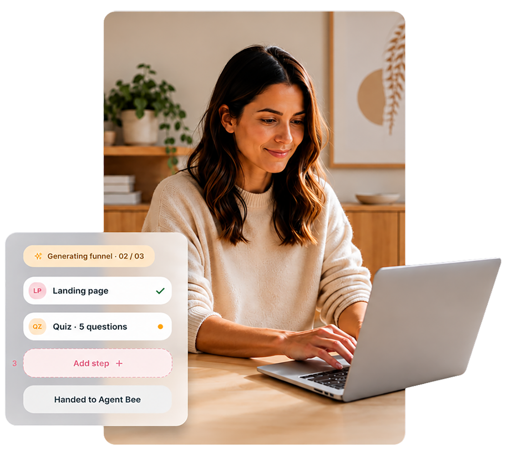 A wellness practitioner working on a Hiveality funnel at her laptop in a warm modern clinic, with a structured funnel-builder card overlay.