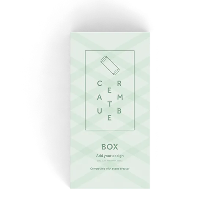 Mint packaging with diagonal pale green pattern; central rectangle shows a glue stick icon and text: "CREATE" vertical letter