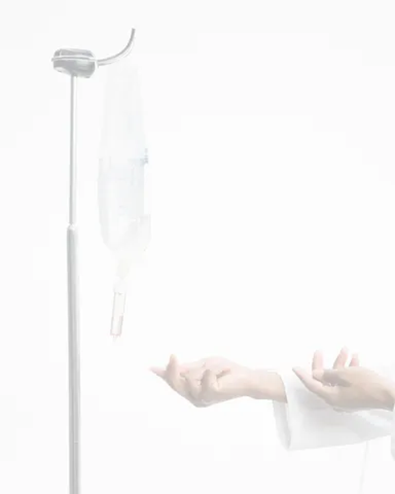 IV drip stand with hanging IV bag and outstretched hands ready to receive fluids.
