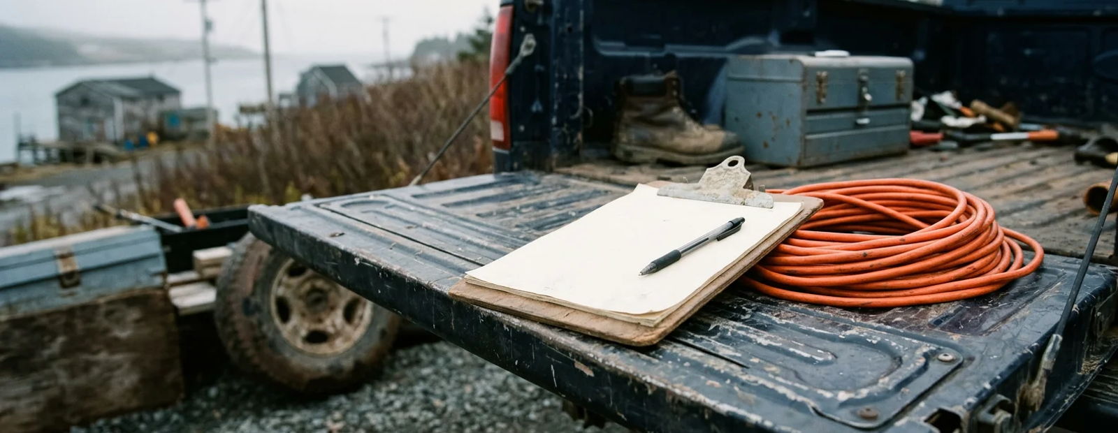 A clipboard with a blank page and a pen resting on a truck tailgate beside a coiled orange extension cord in early morning light.