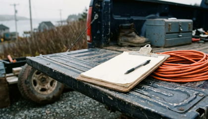 A clipboard with a blank page and a pen resting on a truck tailgate beside a coiled orange extension cord in early morning light.