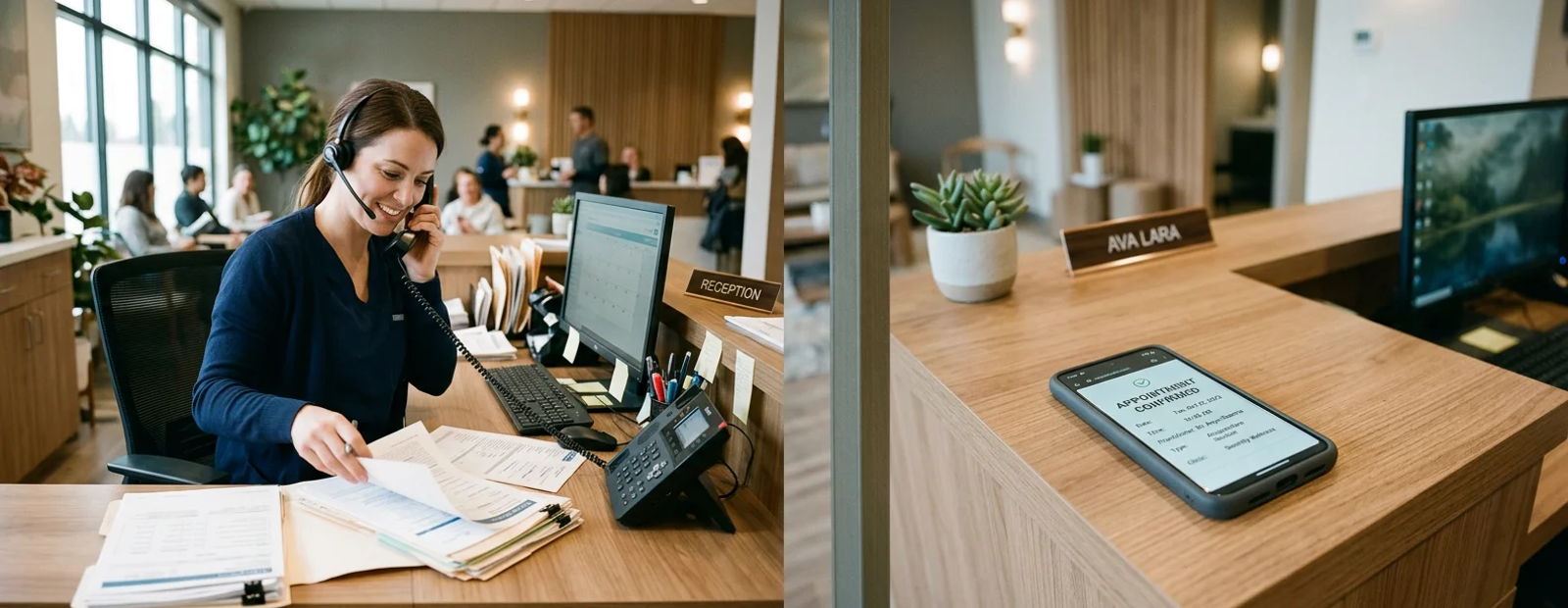 Busy clinic receptionist juggling calls beside a calm desk showing a confirmed appointment on a phone