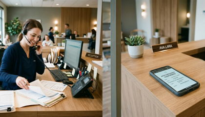 Busy clinic receptionist juggling calls beside a calm desk showing a confirmed appointment on a phone