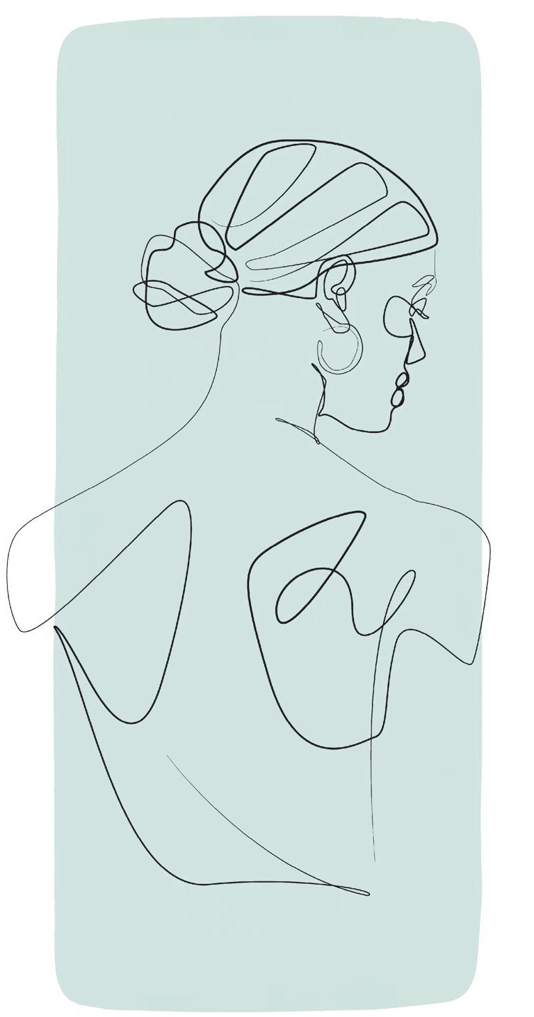 Line art illustration of a woman with a bun, depicted in profile against a soft teal background, showcasing minimalist design.