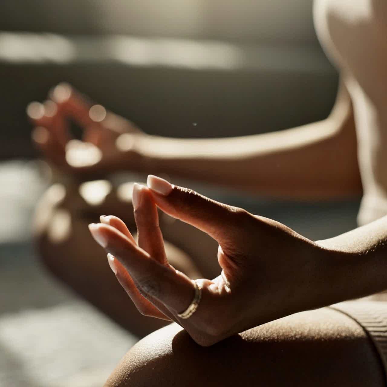 Person meditating with hands clasped in lotus pose, warm light and soft blurred background.