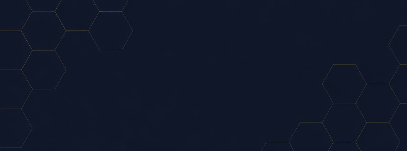 Dark navy background with scattered hexagon outlines and subtle gradient glow.