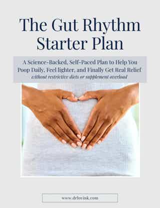 Two hands forming a heart shape over a belly on a webpage titled “The Gut Rhythm Starter Plan.”